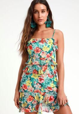 Lulu's Dainty Coquette Cottage Feel Alive Teal Green Floral Print Ruffled Dress